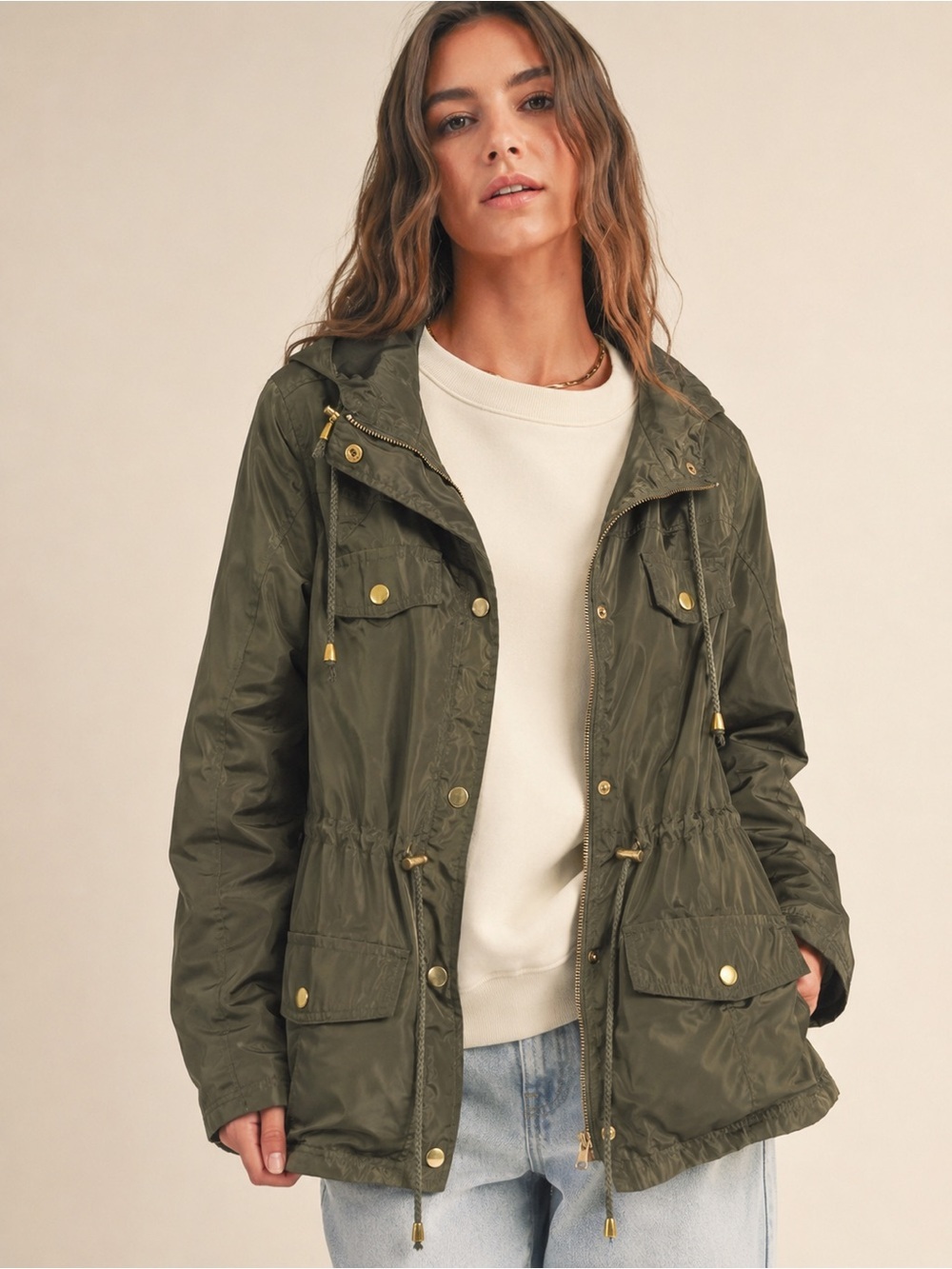 New Look Women’s Olive Green Hooded Utility Parka Jacket (S) (red description )